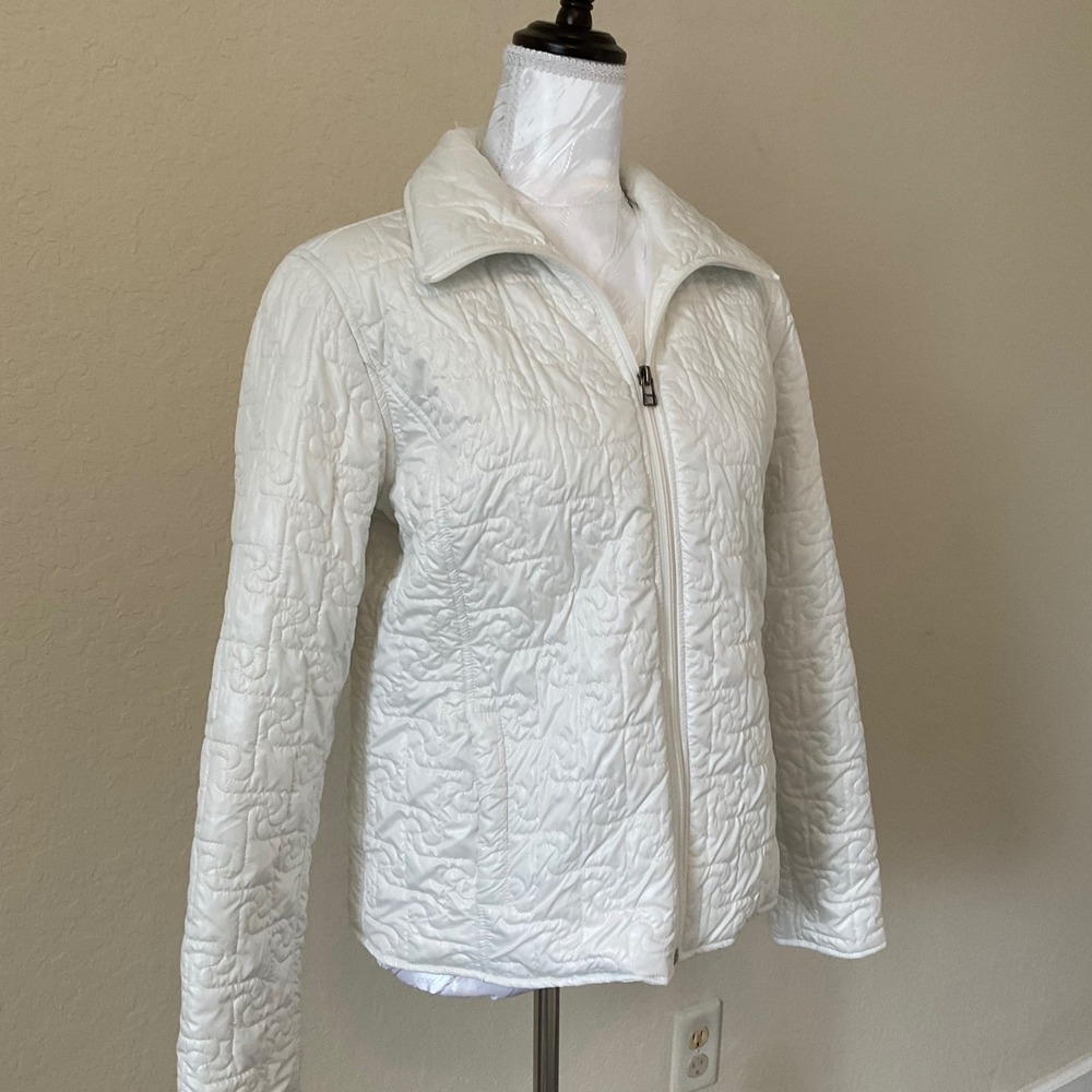 CHICO'S White Quilted Zip Up Jacket Size 1 US Medium Stand Collar Lightweight